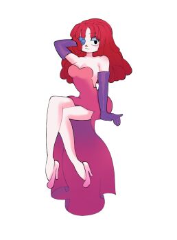 1girl bare_legs breasts button_eye buttons cleavage cosplay dress elbow_gloves glitch_productions gloves gooseworx high_heels highres jessica_rabbit jessica_rabbit_(cosplay) looking_at_viewer pink_heels ragatha_(the_amazing_digital_circus) red_dress red_hair the_amazing_digital_circus very_high_heels who_framed_roger_rabbit