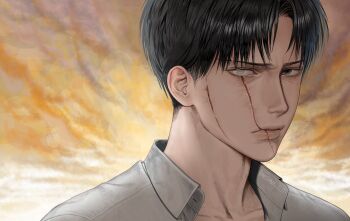 Rule 34 | 1boy, blind, closed mouth, collared shirt, grey eyes, hashtag-only commentary, highres, levi (shingeki no kyojin), lips, looking at viewer, male focus, mechimun jojo, nose, open clothes, open shirt, orange sky, partially blind, scar, scar across eye, scar on face, scar on lip, scar on mouth, shingeki no kyojin, shirt, sky, solo, twitter username, white shirt