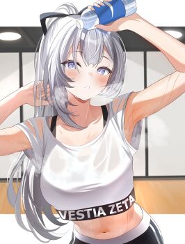 Rule 34 | 1girl, absurdres, black sports bra, blush, bottle, breasts, commentary, cropped shirt, english commentary, grey hair, heavy breathing, highres, hololive, hololive dance practice uniform, hololive indonesia, long hair, medium breasts, midriff, navel, ponytail, rupinn art, shirt, sports bra, sports bra visible through clothes, sweat, vestia zeta, virtual youtuber, water bottle, wet, wet clothes, wet shirt