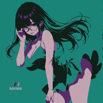 adjusting_eyewear artist_name ass black_hair blunt_bangs breasts cleavage collarbone dress floating_hair glasses green_dress green_eyes hand_on_eyewear highres large_breasts long_hair original pixel_art short_dress simple_background smile specialhanako sundress thighhighs