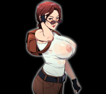 black_background breasts brown-tinted_eyewear covered_erect_nipples gloves greco_roman_(spiral_brain) lara_croft large_breasts looking_over_eyewear looking_over_glasses see-through_clothes shirt sunglasses tinted_eyewear tomb_raider