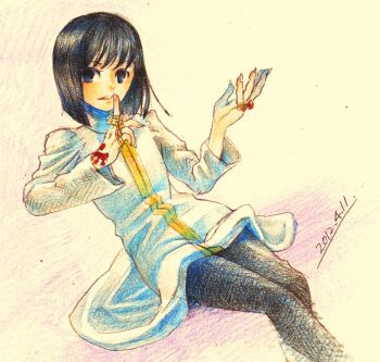 black_hair black_socks blue_eyes dated finger_to_mouth fingernails flog001 hand_tattoo jewelry long_fingernails long_sleeves merem_solomon multiple_rings painting_(medium) ring robe short_hair sitting socks tattoo traditional_media tsukihime turtleneck watercolor_(medium) white_robe