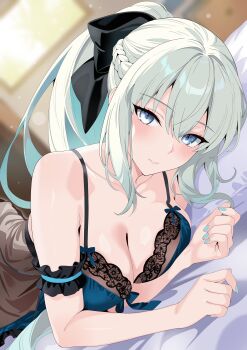 Rule 34 | 1girl, absurdres, bare shoulders, black bow, blue eyes, blush, bow, braid, breasts, cleavage, commentary request, fate/grand order, fate (series), grey hair, hair bow, highres, large breasts, long hair, looking at viewer, lying, morgan le fay (fate), oji (drawingchinchin), ponytail, sidelocks, solo, very long hair