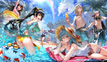 2boys 6+girls abs absurdres angry artist_request ass beach black_hair blonde_hair blue_eyes blue_hair blue_sky breasts brown_eyes cape character_request cloud cloudy_sky curly_hair day earrings food fruit glass gran_saga grey_hair hand_on_own_hip handstand hat highres jewelry kneeling large_breasts lemon lemon_slice lifebuoy long_hair looking_at_viewer multiple_boys multiple_girls muscular muscular_male nails ocean one_arm_handstand one_eye_closed open_mouth palm_tree poin pointy_ears rainbow running sand sand_castle sand_sculpture serious shirt shorts sky slime smile sun_hat sun_light sunglasses sunglasses_on_head surprised swim_ring swimsuit t-shirt tattoo transparent_swimsuit tree umbrella water water_drop yellow_eyes