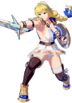 Rule 34 | 1girl, blonde hair, blue eyes, breasts, highres, large breasts, long hair, namco, shield, skirt, solo, sophitia alexandra, soul calibur, soulcalibur, soulcalibur vi, sword, weapon, yagi2013