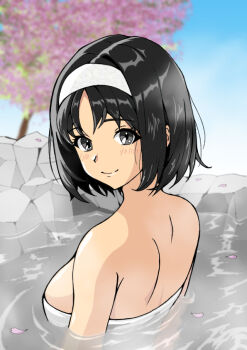 1girl bathing black_hair blush breasts bukitchii_(hrxf8557) closed_mouth commentary_request day erika_(pokemon) eyelashes grey_eyes hairband looking_to_the_side naked_towel nintendo onsen outdoors petals pokemon pokemon_red/green/blue/yellow short_hair shoulder_blades sky smile solo towel tree upper_body water white_hairband
