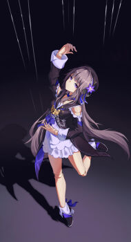 1girl absurdres ankle_boots ballet bare_shoulders black_boots black_hat black_jacket boots brooch brown_hair chain commentary_request doll_joints dress flower frilled_shirt_collar frills full_body hat hat_flower hat_ribbon herta_(puppet)_(honkai:_star_rail) highres honkai:_star_rail honkai_(series) iras17514 jacket jewelry joints lock long_hair long_sleeves looking_at_viewer puppet_strings purple_eyes purple_flower purple_ribbon ribbon shadow solo string very_long_hair white_dress