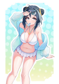 1girl absurdres arknights arm_up bikini black_hair blue_jacket breasts chinese_commentary cleavage commentary_request feet_out_of_frame food food_in_mouth grey_eyes hair_ornament hairclip highres jacket la_pluma_(arknights) la_pluma_(summer_flowers)_(arknights) large_breasts long_sleeves looking_at_viewer navel off_shoulder official_alternate_costume outline popsicle popsicle_in_mouth short_hair solo swimsuit whistle whistle_around_neck white_bikini white_outline youjiu_you_jiao