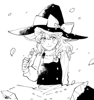 Rule 34 | 1girl, apron, bow, braid, buttons, chewing, commentary request, dango, falling petals, feet out of frame, food, frilled apron, frills, greyscale, hair bow, hat, hat bow, holding, holding food, kirisame marisa, long hair, long sleeves, monochrome, natsume (menthol), petals, shirt, sideways glance, single braid, sitting, solo, touhou, vest, wagashi, white background, witch hat
