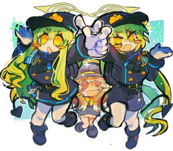 @_@ aoba_(blue_archive) armband black_tail blue_archive blue_armband blush demon_tail emerald_kitty green_hair green_halo halo hat highres hikari_(blue_archive) making_faces nozomi_(blue_archive) pantyhose peaked_cap siblings sisters tail train_conductor twins white_pantyhose