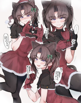 Rule 34 | 1boy, absurdres, animal ears, ayase ayato (imamiya pinoko), brown hair, cat ears, crossdressing, crossdressing (mtf), fake animal ears, fang, finger heart, gloves, hat, highres, imamiya pinoko, long hair, original, pantyhose, purple eyes, santa costume, santa hat, simple background, skin fang, sweat, thick eyebrows, translated, trap, turtleneck, twintails