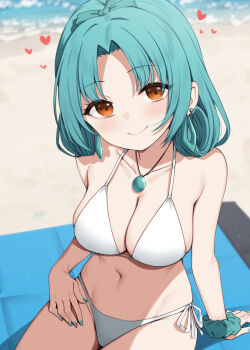 1girl beach bikini binsen breasts closed_mouth collarbone commentary_request day fingernails green_hair green_nails heart highres idolmaster idolmaster_million_live! jewelry large_breasts light_blush looking_at_viewer medium_hair nail_polish navel necklace on_ground orange_eyes outdoors scrunchie side-tie_bikini_bottom sitting smile solo swimsuit tokugawa_matsuri white_bikini wrist_scrunchie