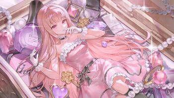 1girl bare_shoulders black_bow black_socks bow breasts choker commentary_request cosmetics dress frilled_dress frilled_gloves frills gem gloves heart highres honey_churros indie_virtual_youtuber jewelry kneehighs lipstick_tube long_hair looking_at_viewer lying misa_(misonyeo_s2) on_back pink_dress pink_eyes pink_hair smile socks solo strapless strapless_dress tiara very_long_hair virtual_youtuber white_gloves