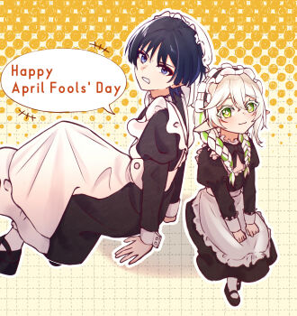 +++ 1boy 1girl absurdres alternate_costume alternate_hairstyle apron arm_support arms_at_sides black_bow black_bowtie black_dress black_hair black_hairband black_shoes black_sleeves blunt_ends bow bowtie braid bright_pupils clenched_hands clenched_teeth closed_mouth colored_eyelashes cross-shaped_pupils crossdressing crossdressing_(mtf) crossed_bangs dress enmaided eyeliner eyeshadow frilled_apron frilled_hairband frills genshin_impact green_eyes green_hair hair_between_eyes hair_over_shoulder hairband hands_on_own_thighs hat highres juliet_sleeves large_bow long_sleeves looking_at_viewer maid maid_apron maid_headdress makeup male_maid mary_janes mob_cap multicolored_hair nahida_(genshin_impact) open_hand pointy_ears puffy_sleeves purple_eyes purple_hair red_eyeliner red_eyeshadow scaramouche_(genshin_impact) shoes sidelocks sitting size_difference smile speech_bubble streaked_hair symbol-shaped_pupils teeth twin_braids uminato white_apron white_eyelashes white_hair white_hat white_pupils wince wispy_bangs