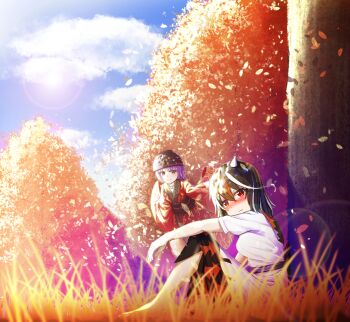 2girls arm_on_knee autumn_leaves black_hair blue_sky blush bowl bowl_hat breasts cloud commentary_request cone_horns day dress floating furisode grass grey_horns hat head_tilt highres horns japanese_clothes kijin_seija kimono knees_up leaf lens_flare long_sleeves looking_at_viewer medium_breasts multicolored_hair multiple_girls obi outdoors outstretched_arm parted_lips purple_hair red_eyes red_kimono revision sash shmmr_shanda short_hair sitting sky small_horns smile streaked_hair sukuna_shinmyoumaru touhou tree white_dress wide_sleeves