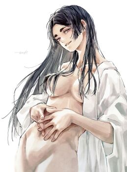 Rule 34 | 1girl, 28cg, absurdres, black hair, convenient censoring, convenient hair, highres, jujutsu kaisen, looking at viewer, orange eyes, parted bangs, simple background, solo, white background, yorozu (jujutsu kaisen)