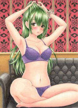 1girl absurdres armpits arms_up barefoot blush bow bow_bra bow_panties bra breasts brown_eyes collarbone commentary_request couch full_body green_hair hair_between_eyes highres indian_style indoors large_breasts long_bangs long_hair looking_at_viewer marker_(medium) midori_(mira567) navel on_couch original panties parted_lips purple_bra purple_panties sitting solo stomach straight_hair traditional_media tying_hair underwear underwear_only