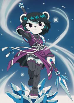 1girl animal_ears arm_guards bad_tag black_hair black_skirt black_thighhighs chinese_knot freedom8oekaki freedom_planet freedom_planet_2 furry highres ice neera_li panda panda_ears panda_girl polearm purple_eyes short_hair skirt thighhighs weapon white_fur