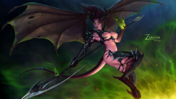 1girl armor artist_name black_hair breasts colored_skin commentary demon_girl demon_horns demon_tail demon_wings english_commentary fire gauntlets glowing glowing_eyes green_eyes green_fire holding holding_weapon hooves horns large_breasts long_hair nipples original red_skin solo tagovantor tail torn_wings warcraft weapon wings
