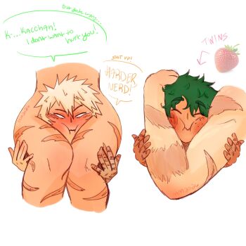 Rule 34 | a or b (meme), bakudeku, bakugou katsuki, blush, boku no hero academia, completely nude, eijikirikun, freckles, head between legs, legs, meme, midoriya izuku, muscular, nervous, nude, scar, sitting, smile, struggling