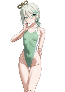 1girl absurdres adjusting_clothes adjusting_swimsuit arm_behind_back braid breasts cecilia_immergreen closed_mouth colored_inner_hair competition_swimsuit covered_navel doll doll_joints double-parted_bangs gluteal_fold gradient_hair green_eyes green_hair green_one-piece_swimsuit grey_hair hair_between_eyes hair_ornament hand_up highleg highleg_one-piece_swimsuit highres hololive hololive_english joints looking_at_viewer median_furrow multicolored_hair one-piece_swimsuit ponytail raikkonen revision short_hair short_ponytail side_braid simple_background single_braid small_breasts smile solo swimsuit thigh_gap two-tone_one-piece_swimsuit virtual_youtuber white_background white_one-piece_swimsuit winding_key