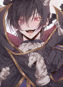 1boy absurdres black_cape black_gloves cape chess_piece code_geass gloves grey_background heterochromia highres lelouch_vi_britannia looking_at_viewer male_focus mino_iii open_mouth pointing pointing_at_viewer purple_eyes purple_shirt red_eyes shirt smile solo