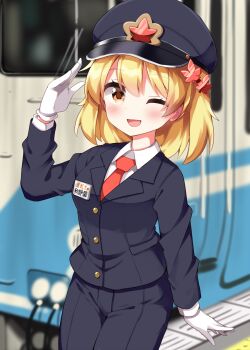 1girl ;d aki_shizuha alternate_costume arm_up black_hat black_jacket black_pants blazer blonde_hair blurry blurry_background blush buttons collared_shirt commentary_request cowboy_shot gloves hair_ornament hat highres jacket japan_railways lapels leaf_hair_ornament long_sleeves looking_at_viewer medium_hair multiple_unit_train name_tag necktie one_eye_closed open_mouth orange_necktie pants peaked_cap ruu_(tksymkw) salute shikoku_railway_company shirt smile solo standing touhou train train_driver translated white_gloves white_shirt yellow_eyes