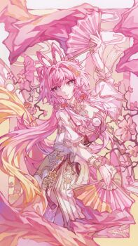 1girl artist_name breasts chinese_clothes chinese_hairstyle commentary diamond-shaped_pupils diamond_(shape) dress elysia_(hi_love_elf)_(honkai_impact) elysia_(honkai_impact) folded_fan folding_fan hand_fan highres holding holding_fan honkai_(series) honkai_impact_3rd large_breasts long_hair looking_at_viewer official_alternate_costume pink_dress pink_hair purple_eyes solo symbol-only_commentary symbol-shaped_pupils very_long_hair ytyutiktv