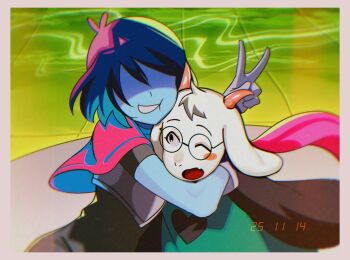 1boy 1other animal_ears arm_around_neck armor black-framed_eyewear black_bodysuit blue_hair blue_skin bodysuit border cape colored_skin dated deltarune fang furry furry_male goat_boy goat_ears goat_horns highres horns kris_(dark_world)_(deltarune) kris_(deltarune) one_eye_closed partially_shaded_face pink_cape ralsei round_eyewear short_hair skin_fang smile utdr_(toby_fox) v valve_core white_fur