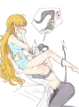 2girls absurdres bare_arms bare_legs barefoot between_legs black_bra black_pants blonde_hair blue_camisole blush bra camisole closed_eyes commentary_request demon_tail grabbing_another&#039;s_horns highres hornjob horns long_hair multiple_girls pants phoebe_(wuthering_waves) saku_(amespi) scar scar_on_arm simple_background sweat tail tail_around_another&#039;s_leg tail_wrap uncommon_stimulation underwear white_background white_hair wuthering_waves yuri zani_(wuthering_waves)