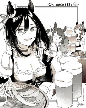 3girls absurdres alcohol animal_ears beer beer_mug blush braid braided_hair_rings breasts cleavage closed_mouth collarbone commentary_request cup detached_sleeves dirndl dress eishin_flash_(meisterschaft)_(umamusume) eishin_flash_(umamusume) food gentildonna_(umamusume) german_clothes greyscale hair_rings highres horse_ears horse_girl long_hair looking_at_viewer medium_breasts medium_hair monochrome mug multiple_girls oktoberfest one_eye_closed open_mouth outside_border pinafore_dress pretzel puffy_detached_sleeves puffy_sleeves sausage sidelocks signature sleeveless sleeveless_dress smile solo_focus standing swept_bangs tosen_jordan_(umamusume) twintails umamusume v yonu_(yonurime)