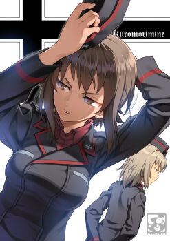 Rule 34 | 10s, 2girls, arms up, artist name, averting eyes, bad id, bad pixiv id, black hat, black jacket, blonde hair, blue eyes, breasts, brown eyes, brown hair, collared shirt, commentary request, garrison cap, girls und panzer, hat, holding, holding unworn clothes, holding unworn hat, itsumi erika, jacket, kuromorimine military uniform, long sleeves, looking away, looking to the side, medium breasts, medium hair, multiple girls, nishizumi maho, pairan, parted lips, profile, school uniform, shirt, short hair, simple background, tsurime, unworn hat, unworn headwear, white background, wing collar