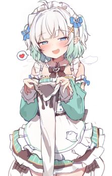 Rule 34 | 1girl, apron, black bow, black bowtie, blue bow, blue eyes, bow, bowtie, commentary, cowboy shot, densetsu.exe, detached sleeves, dress, english commentary, fang, frills, gradient hair, green dress, green hair, hair ornament, half-closed eyes, heart, highres, holding, holding legwear, holding unworn clothes, holding unworn thighhighs, looking at viewer, maid, maid headdress, mint fantome, mint fantome (minto 2.0), multicolored hair, naughty face, open mouth, orobou, pointy ears, simple background, skin fang, solo, spoken heart, triangular headpiece, two side up, unworn legwear, virtual youtuber, white background, white hair, x hair ornament