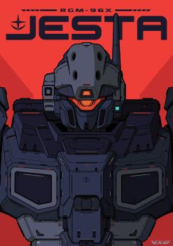 Rule 34 | absurdres, assault visor, character name, commentary, commission, earth federation, english commentary, gundam, gundam unicorn, highres, jesta, mecha, mecha focus, mobile suit, no humans, orange background, orange visor, radio antenna, robot, solo, straight-on, upper body, voxiela