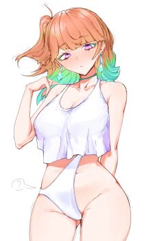 1girl absurdres blush breasts choker cleavage closed_mouth commentary earrings english_commentary gluteal_fold gradient_hair green_choker green_hair highres hololive hololive_english jewelry large_breasts long_hair multicolored_hair navel one_side_up orange_hair panties purple_eyes simple_background sio4_4 solo takanashi_kiara tank_top underwear virtual_youtuber white_background white_panties white_tank_top you're_doing_it_wrong