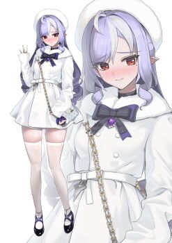 1girl absurdres belle_(zenless_zone_zero) binu_(nadenade) black_boots black_bow blush boots bow closed_mouth commentary_request dress fingernails fur-trimmed_dress fur_trim hat highres long_hair long_sleeves looking_at_viewer mole mole_under_eye multicolored_hair nail_polish pointy_ears purple_bow purple_hair purple_nails red_eyes simple_background sleeves_past_wrists smile thick_thighs thighhighs thighs vivian_banshee white_background white_dress white_hat white_thighhighs zenless_zone_zero zettai_ryouiki