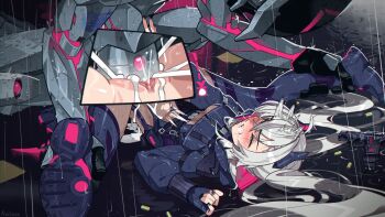 1girl absurdres aseiusx bodysuit boots breasts clenched_teeth closed_mouth cross-section cum cum_in_pussy fingerless_gloves gloves highres indie_virtual_youtuber long_hair lying medium_breasts on_back outdoors puddle rain robot saruei_(vtuber) separated_legs smile stomach teeth thigh_boots underboob vaginal very_long_hair virtual_youtuber white_hair