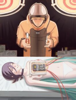 1boy 1girl absurdres black_hair blonde_hair bomb_suit chainsaw_man clippers denji_(chainsaw_man) green_eyes highres holding holding_scalpel navel nipples one_eye_closed pale_skin panties parted_lips reze_(chainsaw_man) scalpel short_hair surgery underwear white_panties wire xyanaid