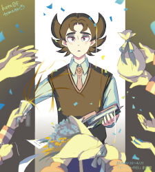 Rule 34 | 1boy, 5others, black eyes, book, bouquet, bright pupils, brown hair, brown vest, collared shirt, commentary request, confetti, creatures (company), dated, eyeshadow, flower, game freak, giacomo (pokemon), hetatomato (nkgk7753), highres, holding, holding book, indoors, makeup, multiple others, necktie, nintendo, parted lips, pointy hair, pokemon, pokemon sv, pouch, shirt, signature, surprised, sweater vest, vest, walk-in, white pupils