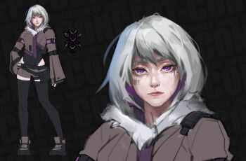 1girl :| armlet barcode belt belt_pouch black_thighhighs boots breasts brown_jacket closed_mouth clothing_cutout command_&amp;_conquer command_&amp;_conquer:_red_alert command_&amp;_conquer:_red_alert_2 full_body fur-trimmed_jacket fur_trim highres hip_vent hood hood_down jacket jewelry leotard libra_(mental_omega) looking_at_viewer lordy_pop pale_skin pouch purple_eyes reference_sheet scar shoes short_hair short_shorts shorts small_breasts solo straight-on thighhighs white_hair