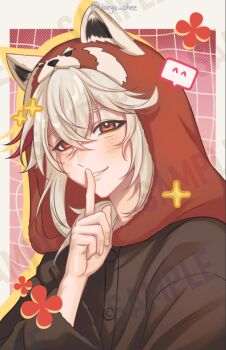 1boy animal_costume animal_ears blush brown_shirt commentary english_commentary genshin_impact hair_between_eyes haryu_chee hood hood_up kaedehara_kazuha long_hair long_sleeves male_focus multicolored_hair red_eyes red_hair red_hood red_panda_costume red_panda_ears shirt solo streaked_hair white_hair