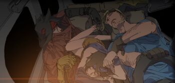 1girl 2boys bare_legs bare_shoulders black_hair blonde_hair blue_headband blue_shirt brown_gloves cape cid_highwind cloak closed_eyes commentary crop_top dirge_of_cerberus:_final_fantasy_vii final_fantasy final_fantasy_vii gauntlets gloves goggles goggles_on_head headband highres long_hair lying lying_on_person multiple_boys on_back open_mouth red_cape red_cloak red_headband shirt short_hair shorts single_gauntlet sitting sleeping symbol-only_commentary upper_body vincent_valentine xiehuangxb yellow_shorts yuffie_kisaragi