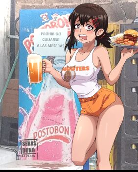 1girl alcohol beer burger chainsaw_man higashiyama_kobeni hooters looking_at_viewer restaurant sebasdono shorts sweatdrop tray waitress