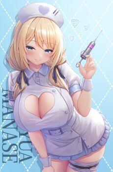 1girl absurdres belt belt_buckle blonde_hair blue_background blue_eyes blush breasts buckle buttons character_name cleavage cleavage_cutout clothing_cutout collared_dress commentary_request cowboy_shot dress hand_up hat heart heart_cutout heart_print highres holding holding_syringe large_breasts long_hair looking_at_viewer manase_yua nurse nurse_cap parted_bangs parted_lips print_hat project_blue_(vtuber) short_sleeves skindentation smile solo syringe tanu_(ace_ikachan) thigh_strap virtual_youtuber white_belt white_dress white_hat white_wrist_cuffs wrist_cuffs