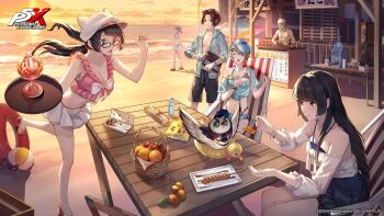 2boys 4girls animal arai_motoha artist_request beach bird black-framed_eyewear black_hair blonde_hair blue_eyes brown_eyes chair cloud copyright_name flip-flops floating_hair food glasses grey_hair highres holding holding_tray innertube kamishiro_nagisa kanou_shun long_hair low_twintails lufel_(owl)_(p5x) lufel_(p5x) merope_(p5x) multiple_boys multiple_girls noge_tomoko official_alternate_costume official_art one_eye_closed open_mouth outdoors owl persona persona_5 persona_5:_the_phantom_x red_eyes red_hair sand sandals short_hair sitting sky smile swim_ring swimsuit table tanemura_riko third-party_source tray twintails yellow_sky