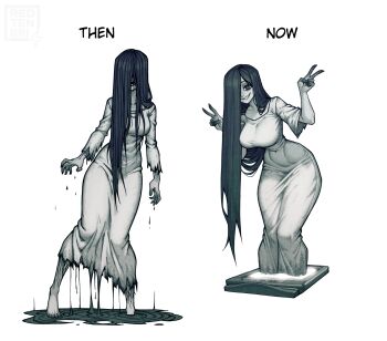 1girl absurdres before_and_after black_eyes breasts cropped_legs dress hair_over_eyes hair_over_face highres large_breasts long_hair looking_at_viewer pale_skin redteneri simple_background smile the_ring through_medium through_screen tight_clothes tight_dress torn_clothes very_long_hair yamamura_sadako