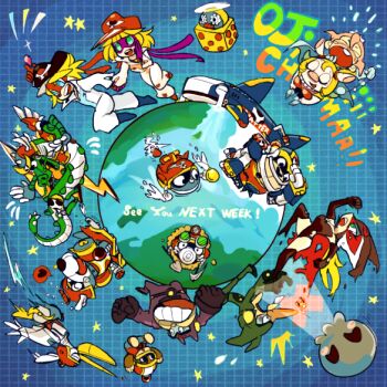 black_gloves blonde_hair blue_eyes blush boyakki character_request colored_speech_bubble commentary_request crying doronjo earth_(planet) elbow_gloves everyone gloves goggles green_eyes hat heart holding holding_pickaxe holding_shovel kaminari_ai multiple_boys multiple_girls omotchama pickaxe planet robot shovel speech_bubble spoken_heart takada_gan time_bokan_(series) tonzura yatter-wan yatterman yuimaru