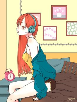 1girl alarm_clock bed_frame bed_sheet blue_cardigan blush breasts brown_nails brown_shorts cardigan cardigan_partially_removed clock commentary dolphin_shorts feet_out_of_frame fingernails from_side headphones highres long_hair nail_polish nose_blush on_bed orange_eyes orange_hair original parted_bangs picture_frame pillow pink_lips shorts single_bare_shoulder sitting solo spaghetti_strap tank_top thighs umauma_taiyaki yellow_tank_top