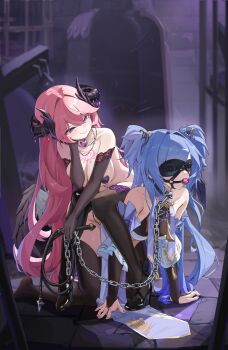 2girls absurdres all_fours ball_gag bdsm black_gloves black_horns black_shoes black_thighhighs blindfold blue_eyes blue_hair blush breasts bridal_gauntlets chain chain_leash character_request chest_tattoo chinese_commentary closed_mouth collar commentary_request commission demon_horns dungeon elbow_gloves elbow_rest feathered_wings femdom gag gagged gem gloves hair_between_eyes hair_ornament hand_on_own_cheek hand_on_own_face haohaomaster head_rest heart heart-shaped_gem heart-shaped_pupils heart_pasties high_heels highres holding holding_whip horn_ornament horns human_furniture indie_virtual_youtuber indoors iron_maiden jewelry large_breasts leash long_hair low_wings medium_breasts multiple_girls necklace original paid_reward_available pasties pink_hair purple_gemstone restrained sakurada_hane saliva second-party_source shoes sitting sitting_on_person slave small_breasts smile stone_floor symbol-shaped_pupils tattoo thighhighs two_side_up very_long_hair virtual_youtuber whip wiffle_gag wings yuri