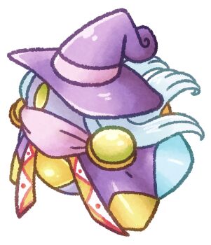 1girl bow commentary_request drawcia grey_hair hair_bow hat kirby_(series) kirby:_canvas_curse nintendo no_humans oceannuts purple_hat simple_background solo white_background witch_hat yellow_eyes